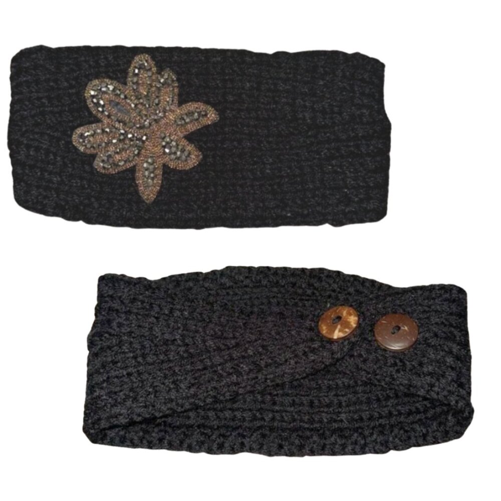 Knit Winter Headband with Beaded/Embroidered/Jeweled Floral Design Applique - OS